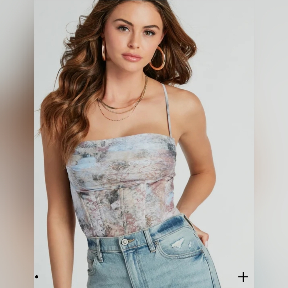Sunset Dream Scroll Print Mesh Corset Top